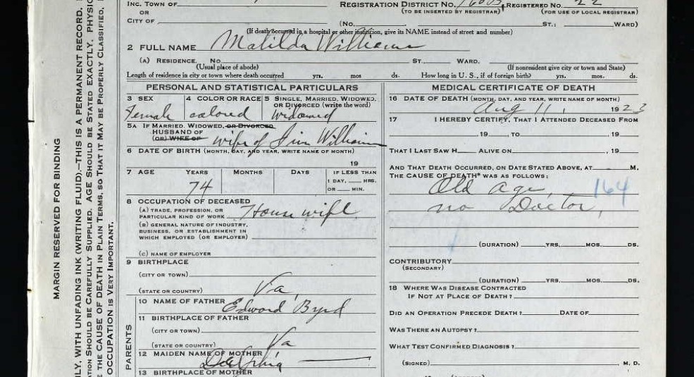 1923 Virginia death certificate for Matilda Williams